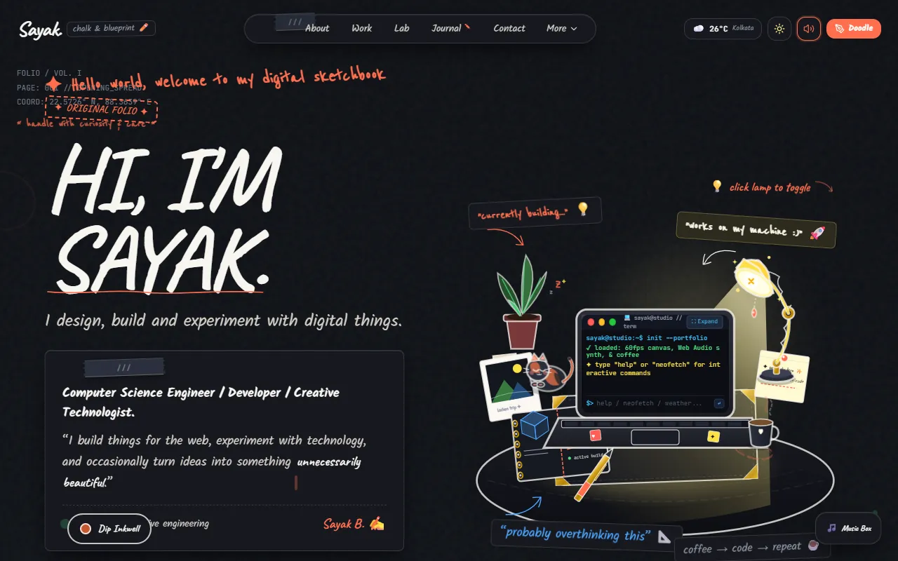 Sayak's Folio — Hand-Drawn Interactive Sketchbook Portfolio preview screenshot